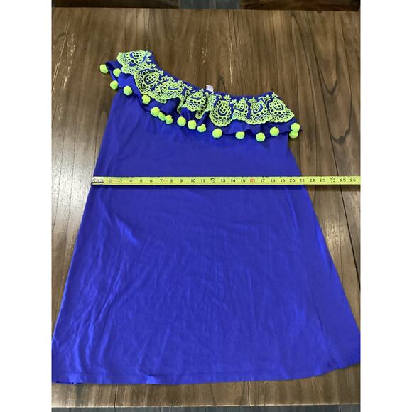 Lilly Pulitzer Idara One Shoulder Ruffle Mini Dress Corsica Blue Embroidered Pom - Picture 2 of 8